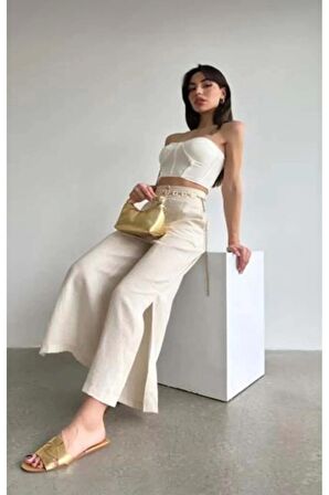 Kadın Taş Keten Yırtmaçlı Yüksek Bel Palazzo Pantolon