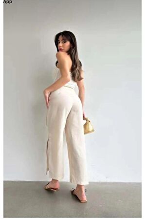 Kadın Taş Keten Yırtmaçlı Yüksek Bel Palazzo Pantolon