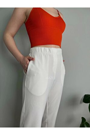 Kadın Beyaz Yüksek Bel Lastikli Boru Paça Pantolon