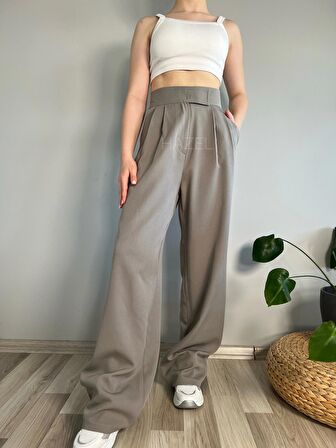 Kadın Gri Yüksek Bel Cırtlı Palazzo Pantolon