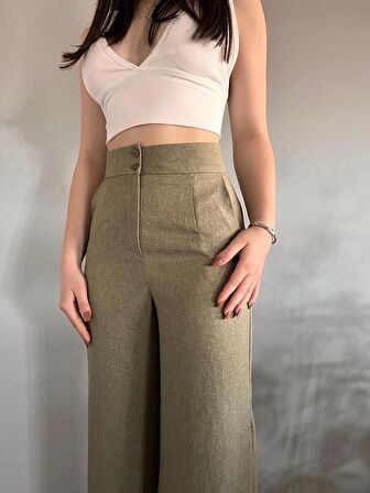 Kadın Haki Keten Yırtmaçlı Yüksek Bel Palazzo Pantolon
