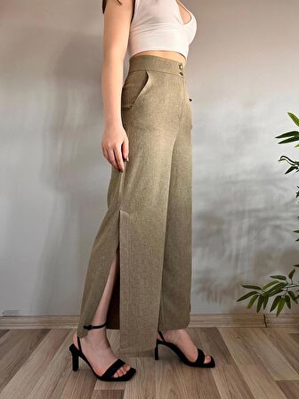 Kadın Haki Keten Yırtmaçlı Yüksek Bel Palazzo Pantolon