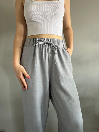 Kadın Gri Keten Karışımlı Bol Kesim Pantolon