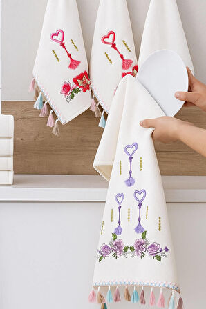 6 lı Kalp Çiçek Nakışlı Mutfak Havlusu Püsküllü Hediyelik Çeyizlik Kalpli Mutfak Havlu Takımı 30 x 50 Cm