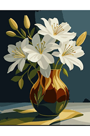 Sayılarla Boyama Seti 40x50 Cm (Çıtalı) Fırça Boya Dahil Numaralı Tuval Renkli Vazo Beyaz Çiçek