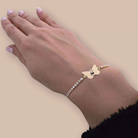 C Harfine Özel 14 Ayar Altın Plakalı Zincirli Kelebek Figürlü Hediye Bileklik-342harf-beyaztaş