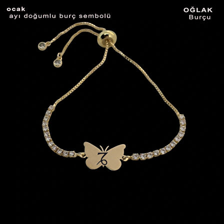 Ocak Ayı Doğumlarına Kelebek Figürlü 14 Ayar Altın Plakalı Zincirli Hediye Bileklik-342ay-beyaztaş