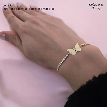 Ocak Ayı Doğumlarına Kelebek Figürlü 14 Ayar Altın Plakalı Zincirli Hediye Bileklik-342ay-beyaztaş