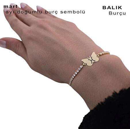 Mart Ayı Doğumlarına Zincirli Kelebek Figürlü 14 Ayar Altın Plakalı Hediye Bileklik-342ay-beyaztaş