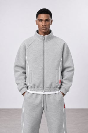 Erkek Biye Detaylı Panda Oversize Zip Gri Melanj