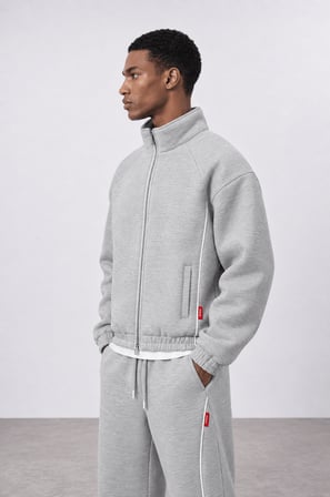 Erkek Biye Detaylı Panda Oversize Zip Gri Melanj