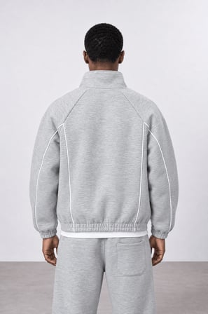 Erkek Biye Detaylı Panda Oversize Zip Gri Melanj