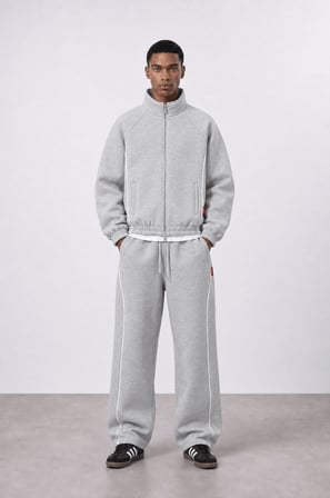Erkek Biye Detaylı Panda Oversize Zip Gri Melanj