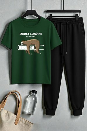 Unisex Energy Loading Tasarım Baskılı Tişört - 2'li Eşofman Takımı