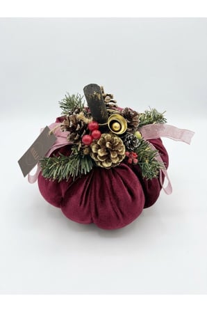 Kadife Dekoratif Balkabağı Süs - Yılbaşı Temalı, Kozalak ve Çam Detaylı Hediyelik Ev Aksesuarı 30x25cm