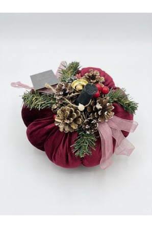 Kadife Dekoratif Balkabağı Süs - Yılbaşı Temalı, Kozalak ve Çam Detaylı Hediyelik Ev Aksesuarı 30x25cm