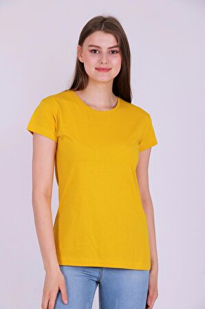 Sarı Renk %100 Pamuk Bisiklet Yaka Basic Baskısız Kadın Örme Kısa Kollu Tshirt