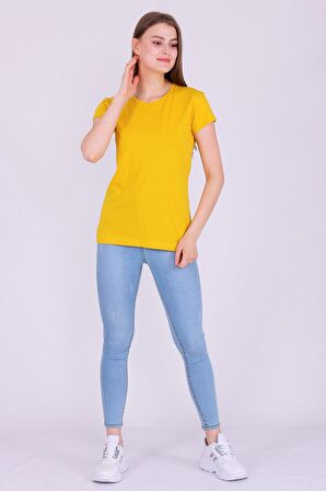 Sarı Renk %100 Pamuk Bisiklet Yaka Basic Baskısız Kadın Örme Kısa Kollu Tshirt