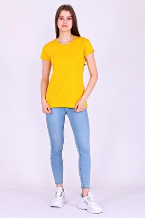Sarı Renk %100 Pamuk Bisiklet Yaka Basic Baskısız Kadın Örme Kısa Kollu Tshirt