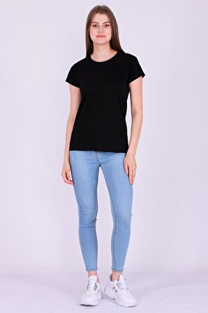 Siyah Renk %100 Pamuk Bisiklet Yaka Basic Baskısız Kadın Örme Kısa Kollu Tshirt