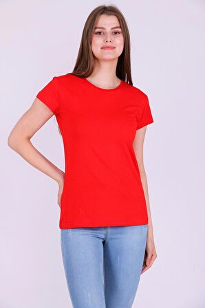 Kırmızı Renk %100 Pamuk Bisiklet Yaka Basic Baskısız Kadın Örme Kısa Kollu Tshirt