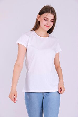 Beyaz Renk %100 Pamuk Bisiklet Yaka Basic Baskısız Kadın Örme Kısa Kollu Tshirt