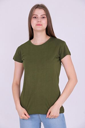 Haki Yeşil Renk %100 Pamuk Bisiklet Yaka Basic Baskısız Kadın Örme Kısa Kollu Tshirt