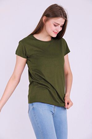 Haki Yeşil Renk %100 Pamuk Bisiklet Yaka Basic Baskısız Kadın Örme Kısa Kollu Tshirt