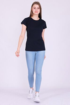 Lacivert Renk %100 Pamuk Bisiklet Yaka Basic Baskısız Kadın Örme Kısa Kollu Tshirt