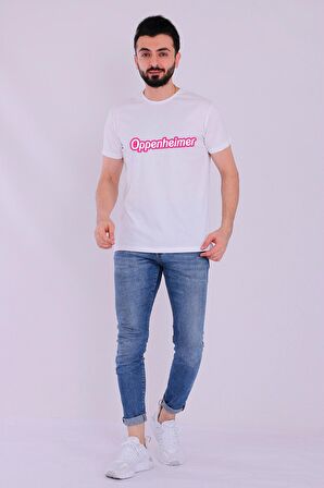 Oppenheimer Barbie Yazılı Beyaz Kısakol Erkek Tshirt