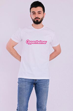 Oppenheimer Barbie Yazılı Beyaz Kısakol Erkek Tshirt