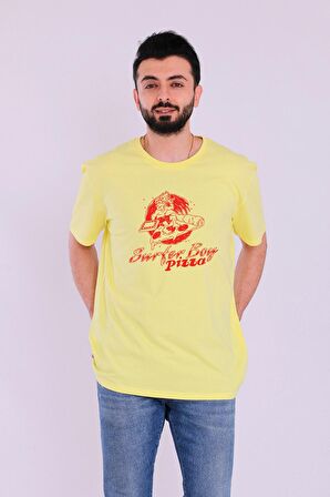 Stranger Things Surferboy Pizza Baskılı Sarı Kısakol Erkek Tshirt