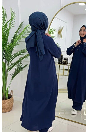 2'li Kadın Pantolon Tunik Takımı, Polo Yaka Düğmeli Elbise