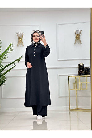 2'li Kadın Pantolon Tunik Takımı, Polo Yaka Düğmeli Elbise