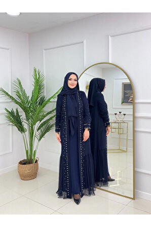 Kadın Tesettür 2'Li Abaya , İnci Çakma Tül Kumaş Elbise