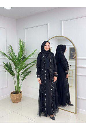 Kadın Tesettür 2'Li Abaya , İnci Çakma Tül Kumaş Elbise