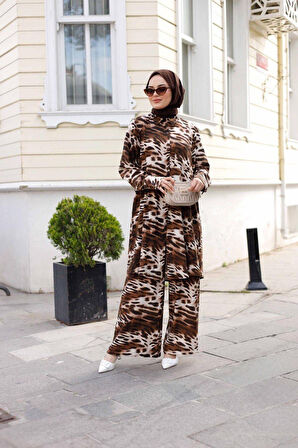 Kadın Tesettür 2'Li Leopar Takım Tunik & Pantolon