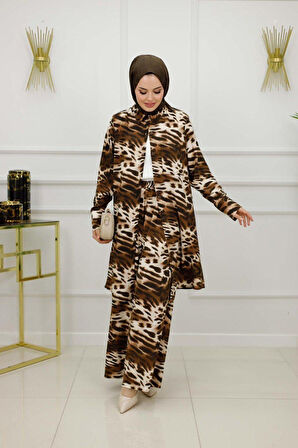 Kadın Tesettür 2'Li Leopar Takım Tunik & Pantolon