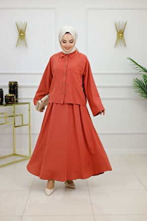 Kadın Tesettür 2'Li Takım Keten Gömlek & Etek