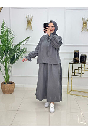 Kadın Tesettür 2'Li Takım Müslin Kumaş Etek & Gömlek