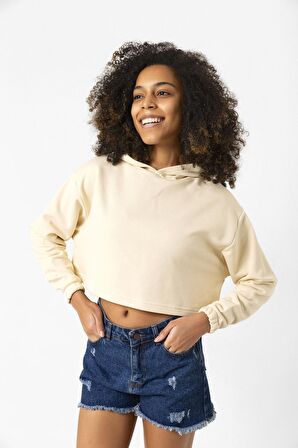 Basic Bej Kapüşonlu Crop Sweatshirt