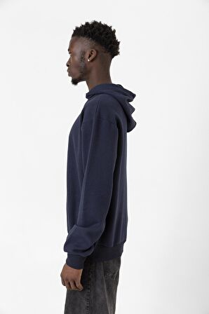 Lacivert Basic Oversize Erkek Kapüşonlu Hoodie 3 iplik Sweatshirt