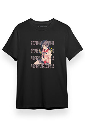 Monogatari Anime Tsubasa Hanekawa Lettern Poster Siyah Kısa kol Erkek Tshirt