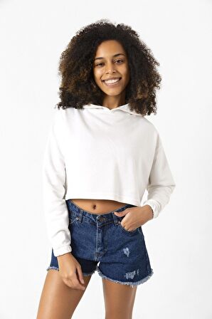 Basic Ekru Kapüşonlu Crop Sweatshirt