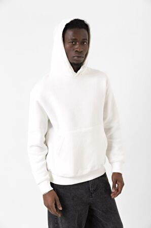 Beyaz Basic Oversize Erkek Kapüşonlu Hoodie 3 iplik Sweatshirt