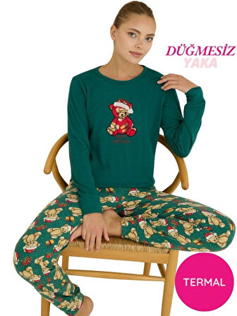 Kadın Bisiklet Yaka Düğmesiz Bilekler Lastikli/Jogger Yumuşak Termal Kışlık Pijama Takımı