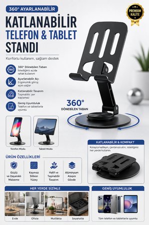 360° Ayarlanabilir Katlanabilir Telefon & Tablet Standı – Yükseklik ve Açı Ayarlı Masa Üstü Tutucu