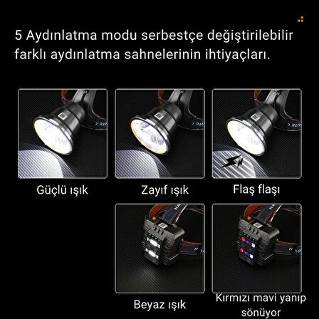 5 Mod Pro Şarjlı Kafa Feneri Şarjlı Ön-Arka İkazlı Tepe Lambası Arama Kurtarma Balıkçı Avcı Feneri