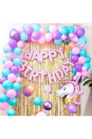 Unicorn Temalı 50 Adet Balonlu Doğum Parti Konsepti