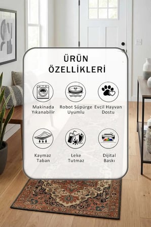 Arm-05 Dijital Baskılı Kaymaz Yıkanabilir Yolluk - Leke Tutmaz Kahve